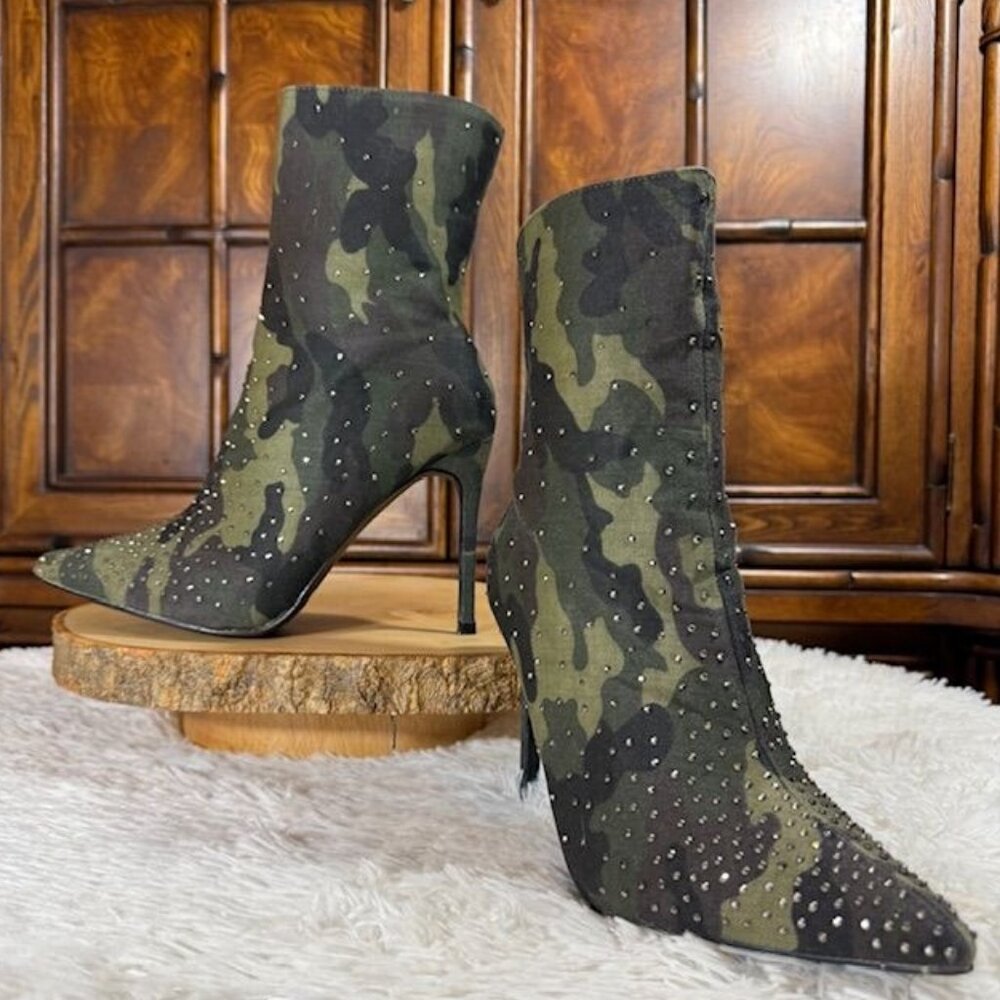 Forever Camouflage Platinum Rhinestone Pointed Toe Heeled Bootie